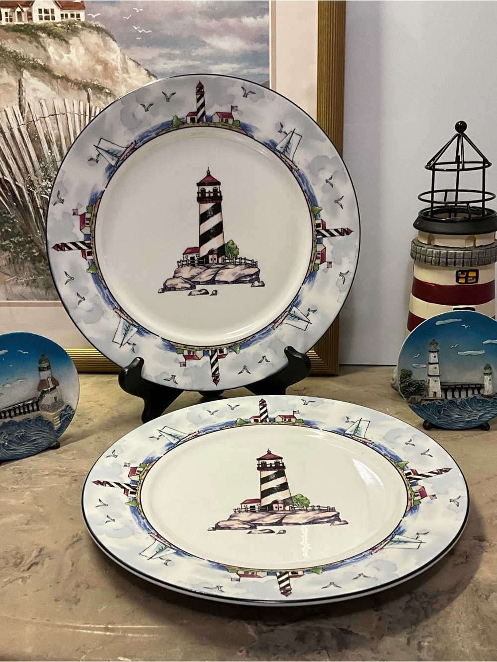 Set of 2 Coastal Lighthouse Nautical Dinner Plates 10.5" By Totally Today